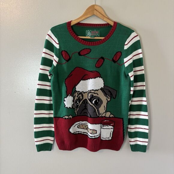 Ugly Christmas Sweater Pug Dog Green Red Stripe Pullover Sz Medium - Picture 1 of 5